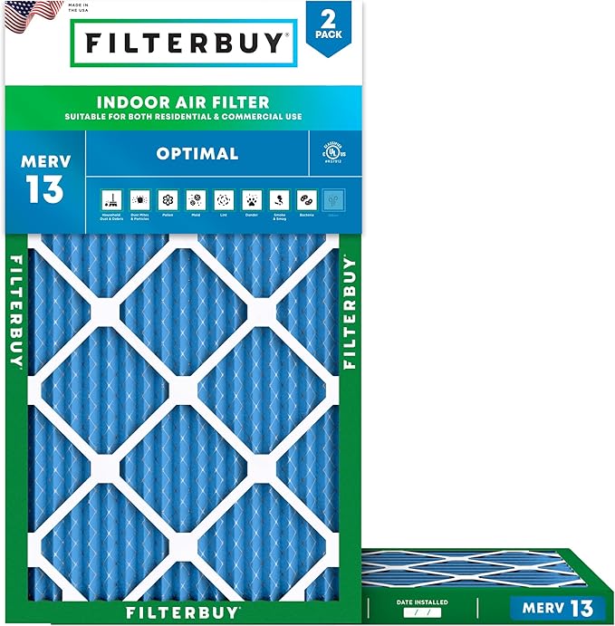 Filterbuy 20x32x1 Air Filter MERV 13 Optimal Smoke & Allergy Defense (2-Pack), Electrostatic Pleated HVAC AC Furnace Filters Replacement, Made in USA (Actual Size: 20.00 x 32.00 x 0.75)