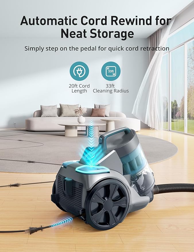 Aspiron 1700W Canister Vacuum Cleaner, 45Kpa Bagless Vacuum Cleaner, Multi-Cyclonic Filtration, 2 Anti-Allergen HEPA Filters, 3.5QT Dust Cup, 4 Tools, No Hair Tangles for Hard Floor, Pet Hair, Teal