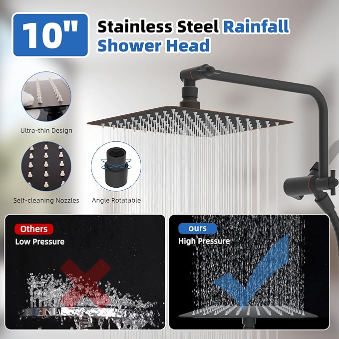 All Metal Shower Head, 10" High Pressure Rainfall/Handheld Shower Combo with 11" Extension Arm, 10-Spray Handheld Showerhead, 71" Long Hose, 3-Way Diverter Valve, Oil Rubbed Bronze