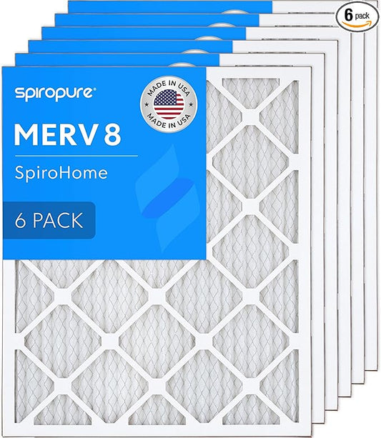SpiroPure 18X22X1 MERV 8 Pleated Air Filters - Made in USA (6 Pack)