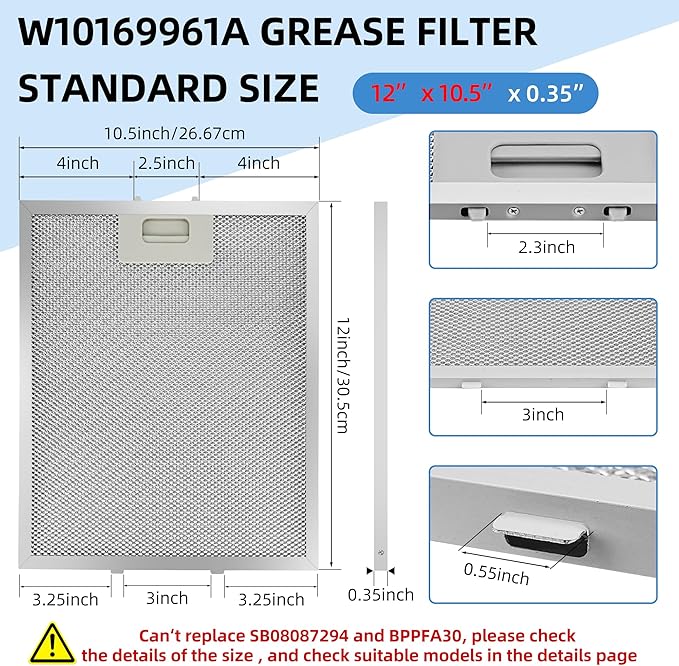 W10169961A 10.5 x 12 in Range Stove Grease Filter Compatible with Whirl.pool Ik.ea Kitchen.Aid Jenn.Air Brands Some Range Hoods - 2PC by Fetechmate