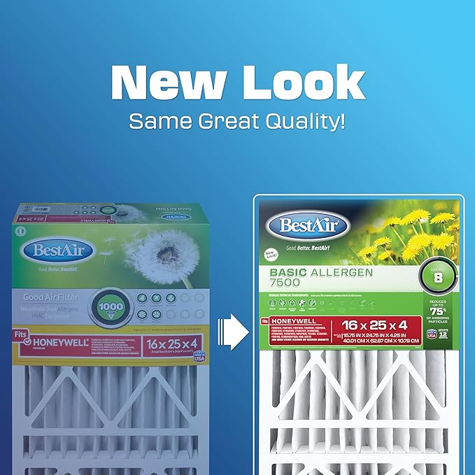 BestAir HW1625-8R AC Furnace Air Filter, 16" x 25" x 4", MERV 8, Removes Allergens & Contaminants, Fits 100%, For Honeywell Models, Pack of 3