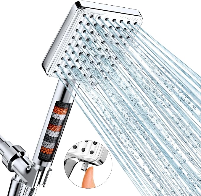 MakeFit Filtered Shower Head - 6 Modes High Pressure Handheld Shower Head with Filter Mineral Beads, Detachable Handheld Showerhead Set with Stainless Steel Hose and Shower Arm Bracket
