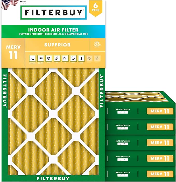 Filterbuy 14x25x2 Air Filter MERV 11 Superior Pet & Allergy Defense (6-Pack), Electrostatic Pleated HVAC AC Furnace Filters Replacement, Made in USA (Actual Size: 13.50 x 24.50 x 1.75)