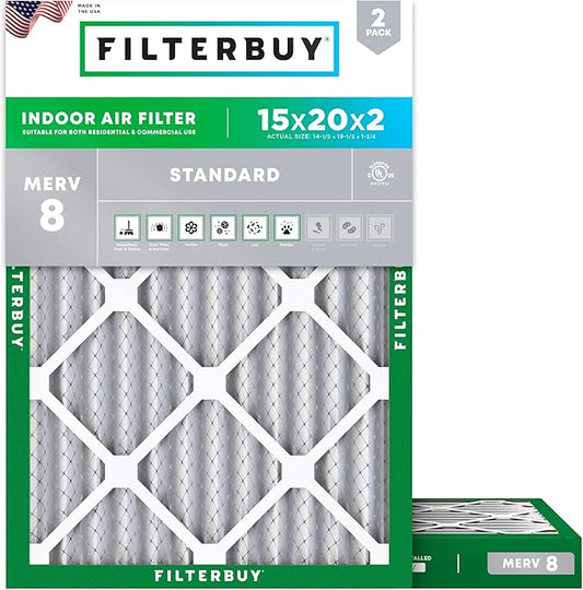 Filterbuy 15x20x2 Air Filter MERV 8 Essential Dust & Allergy Defense (2-Pack), Electrostatic Pleated HVAC AC Furnace Filters Replacement, Made in USA (Actual Size: 14.50 x 19.50 x 1.75)