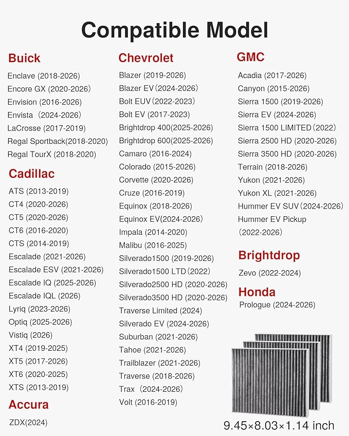 Puroma Cabin Air Filter with Activated Carbon, Replacement for CP966, CF11966, Select Buick Enclave, Encore GX, Envision, Regal, LaCrosse, Cadillac, GMC, Bolt EV, Camaro, Colorado