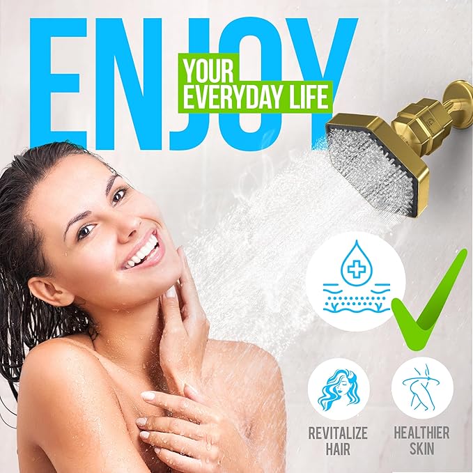 AquaHomeGroup Luxury Filtered Shower Head Set - 20 Stage Filter Reduces Chlorine, Heavy Metals and Sediment - Vitamin C E and A - Brushed Gold