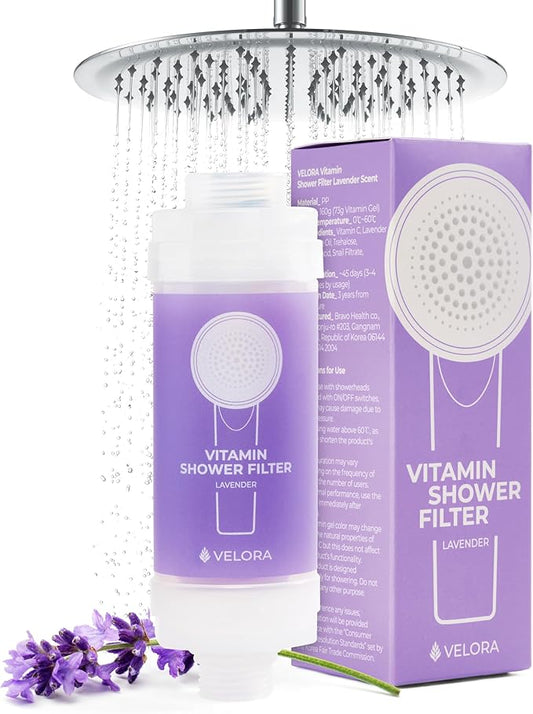 Vitamin C Shower Filter and Water Softener for Hard Water - Aromatherapy Shower Head Attachment - Universal Fit, No Tools - Replenish Dry, Itchy Skin and Nourish Hair - Lavender-Scented