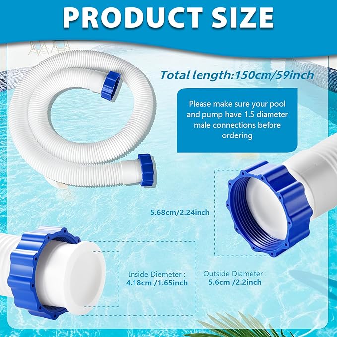 2 Pcs Pool Hoses for Above Ground Pools 1 1/2 Inch Diameter 59" Long Pool Pump Hose Replacement Filter Pump Hose Accessories