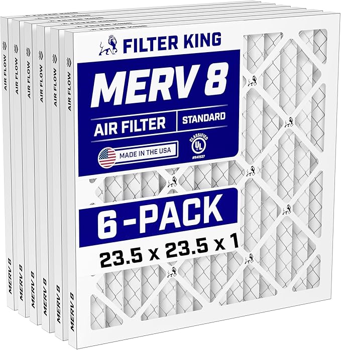 Filter King 23.5x23.5x1 Air Filter (MERV 8) (6-Pack) Dust & Allergy Control AC Furnace Filters, MADE IN USA, HVAC, Pleated, Electrostatic (Actual Size: 23.5 x 23.5 x .75)