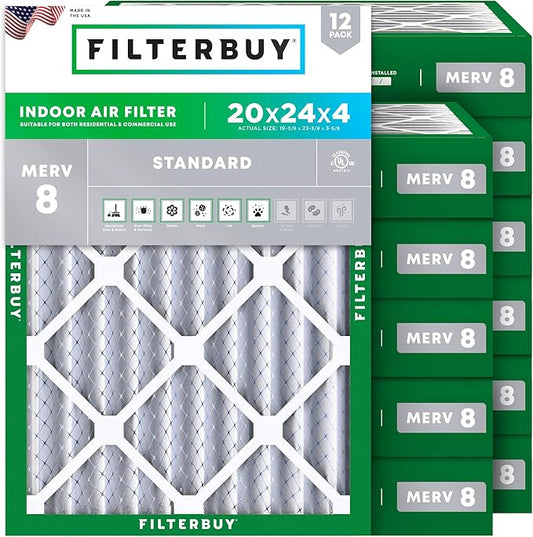 Filterbuy 20x24x4 Air Filter MERV 8 Essential Dust & Allergy Defense (12-Pack), Electrostatic Pleated HVAC AC Furnace Filters Replacement, Made in USA (Actual Size: 19.38 x 23.38 x 3.63)