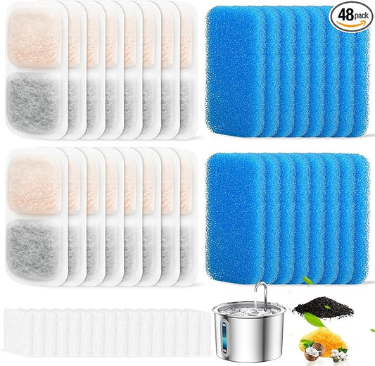 16 Sets Cat Water Fountain Filter Compatible with oneisall 67oz/2L Stainless Steel Cat Water Fountain, Activated Carbon Ion Resin Food Grade PP Cotton, Fresh and Clean
