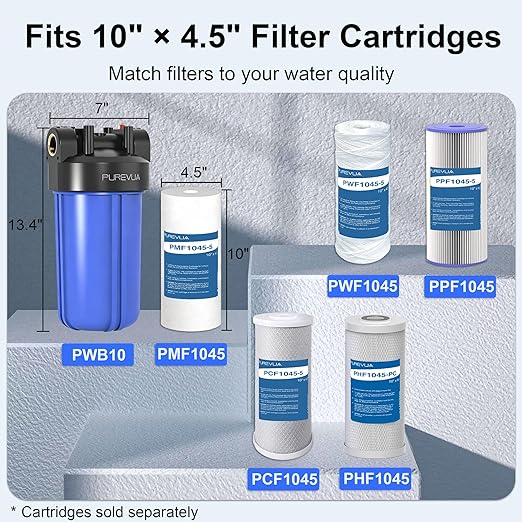PWB10 Whole House Water Filter Housing, Fits 10” x 4.5” Big Blue Filters, Inline Pre-Filtration System for RV, Home Well and City Water Sediment etc with 1" NPT Port, Pressure Relief Valve