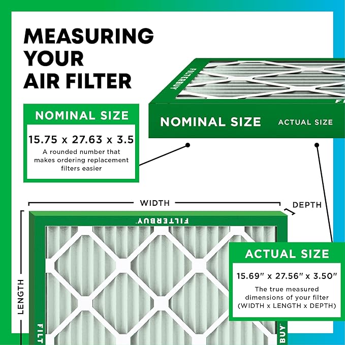 Filterbuy 15.75x27.63x3.50 Air Filter MERV 13 Optimal Smoke & Allergy Defense (4-Pack), Pleated HVAC AC Furnace Filters for AprilAire Space-Gard 104 & 2140 (Actual Size: 15.69 x 27.56 x 3.50)