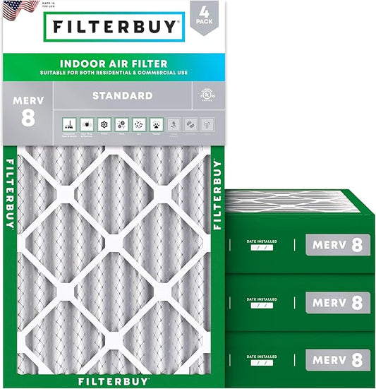 Filterbuy 20x30x4 Air Filter MERV 8 Essential Dust & Allergy Defense (4-Pack), Electrostatic Pleated HVAC AC Furnace Filters Replacement, Made in USA (Actual Size: 19.50 x 29.50 x 3.63)