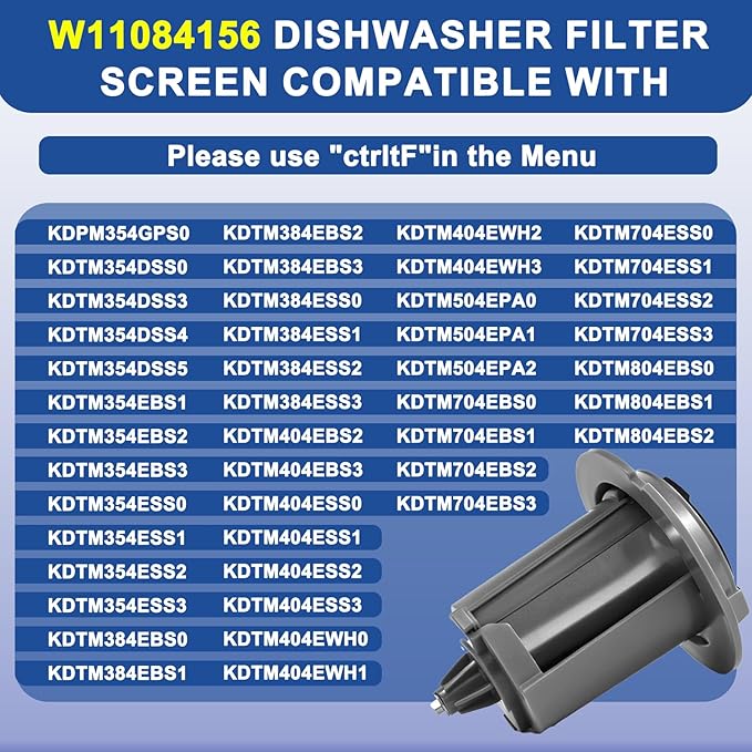 W11084156 Dishwasher Filter Compatible with Whirlpool KitchenAid Maytag Jenn-Air Amana Inglis Magic Chef. W11084156 AP6048028 Circulating Pump Filter Replace W10713298 4534056 PS12070547