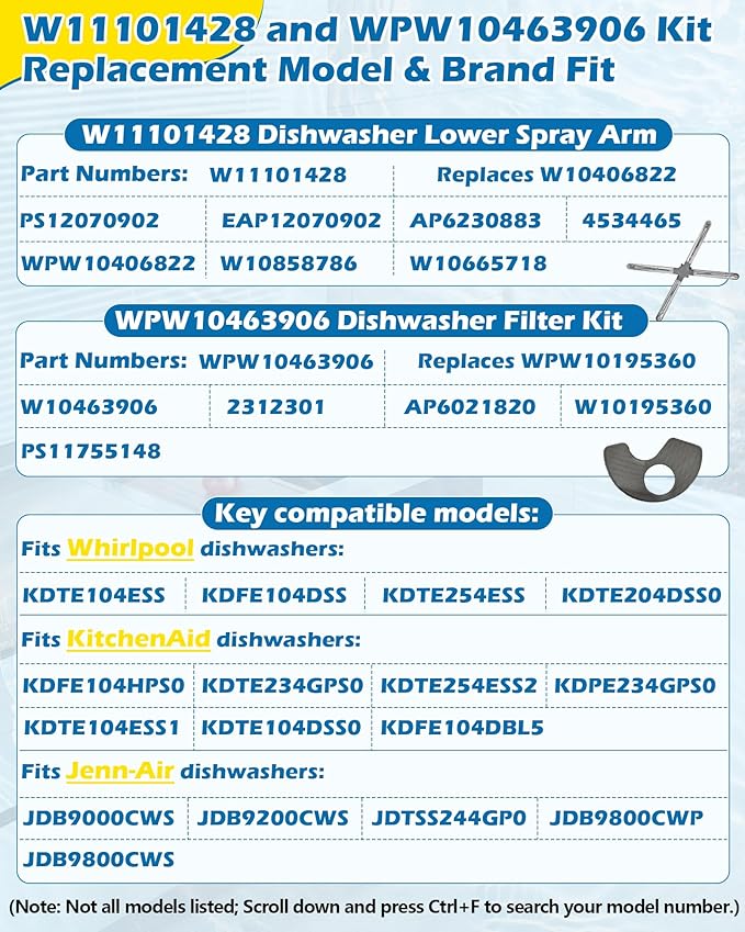 W11101428 Dishwasher Lower Spray Arm & WPW10463906 Filter Kit – Replacement for Whirlpool/KitchenAid/Maytag/Jenn Air | Wash Arm Replaces W10406822, W10858786, W10665718 | Fits KDFE104HPS0, KDTE234GPS0