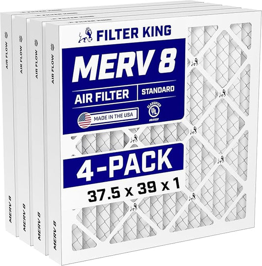 Filter King 37.5x39x1 Air Filter (MERV 8) (4-Pack) Dust & Allergy Control AC Furnace Filters, MADE IN USA, HVAC, Pleated, Electrostatic (Actual Size: 37.5 x 39 x .75)