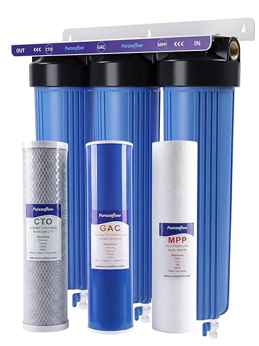 3-Stage Whole House Water Filter System, 20x4.5 Inch, Dual Carbon (GAC & CTO) for Max Chlorine & Odor Reduction, 1" NPT Brass Ports, Drain Valves & Install Kit