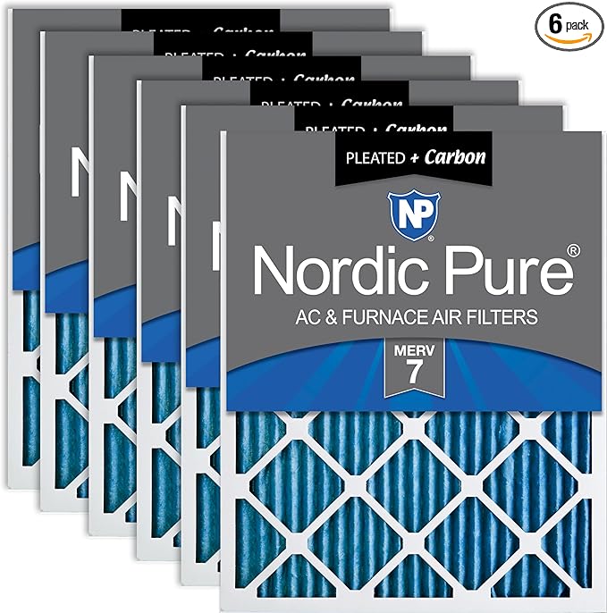 Nordic Pure 20x25x1 (Actual Size: 19 1/2 x 24 1/2 x 3/4) Pleated Air Filters MERV 7 Plus Carbon 6 Pack