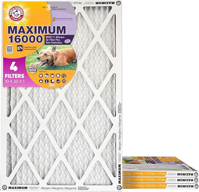 Arm & Hammer Max Allergen & Odor Reduction 10x20x1 Air and Furnace Filter, MERV 11, 4-Pack