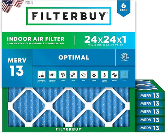 Filterbuy 24x24x1 Air Filter MERV 13 Optimal Smoke & Allergy Defense (6-Pack), Electrostatic Pleated HVAC AC Furnace Filters Replacement, Made in USA (Actual Size: 23.38 x 23.38 x 0.75)