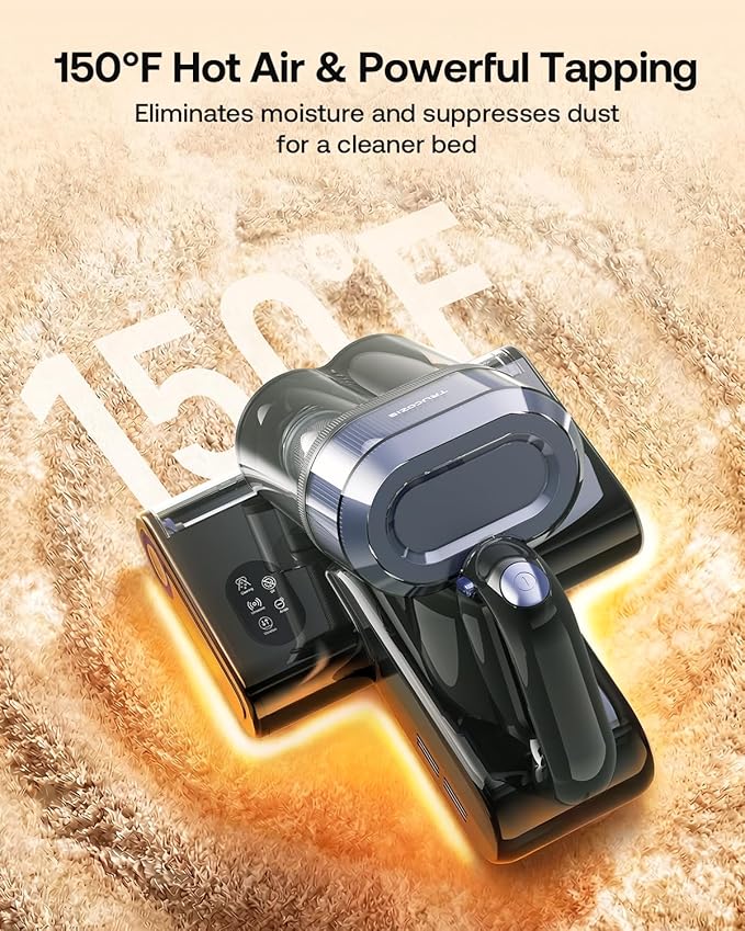 Trucozie Mattress Vacuum Cleaner with 275nm UV-C Light & 149℉ Heat, 16Kpa Powerful Suction Bed Vacuum for Pet Hair & Dander, Smart Dust Sensor, Anion & Aromatherapy, Corded for Bed, Sofa, Couch, Black
