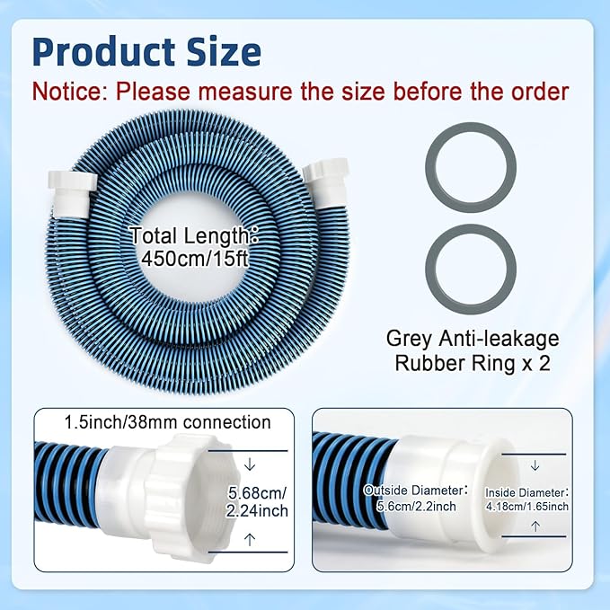 15ft 1 1/2" Pool Hose for Above Ground Pools 15ft Long Pool Pump Replacement Filter Hoses 1.5" EVA Swimming Pool Filter Hose for Filters Pumps, Saltwater Systems and Sand Filters (Blue)