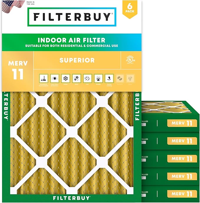 Filterbuy 20x22x2 Air Filter MERV 11 Superior Pet & Allergy Defense (6-Pack), Electrostatic Pleated HVAC AC Furnace Filters Replacement, Made in USA (Actual Size: 19.50 x 21.50 x 1.75)