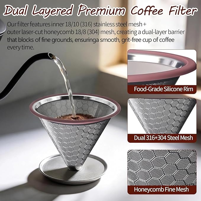 Chemex Coffee Filter, Reusable 600 Mesh Double Layer Stainless Steel Pour Over Filter - Compatible with Chemex 6/8/10 Cup, Hario V60 02/03, Bodum - Universal Coffee Dripper