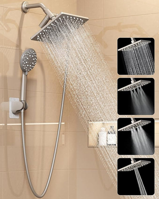 Veken High Pressure Rain Shower Head with Multi-Functions, Square Rainfall Shower Heads with 5-Mode Handheld Spray Combo, Detachable Hand Held Showerhead with Hose, Double Regaderas Para,Starlight