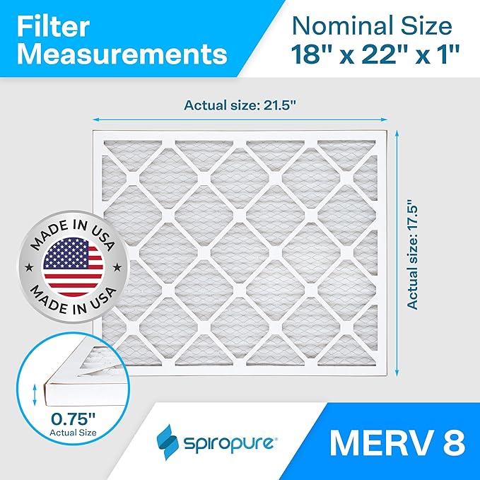 SpiroPure 18X22X1 MERV 8 Pleated Air Filters - Made in USA (6 Pack)