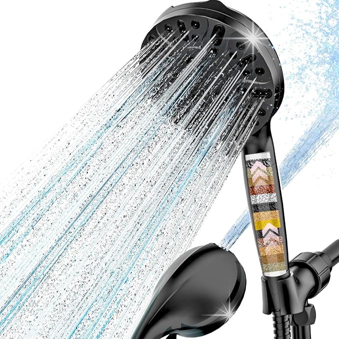 Filtered Shower Head with Handheld, High Pressure 9 Settings Shower Filter Head for Hard Water, Built-in Power Spray, Hard Water Filter Showerhead-Remove Chlorine-Dry Skin,Hair(Matte Black)