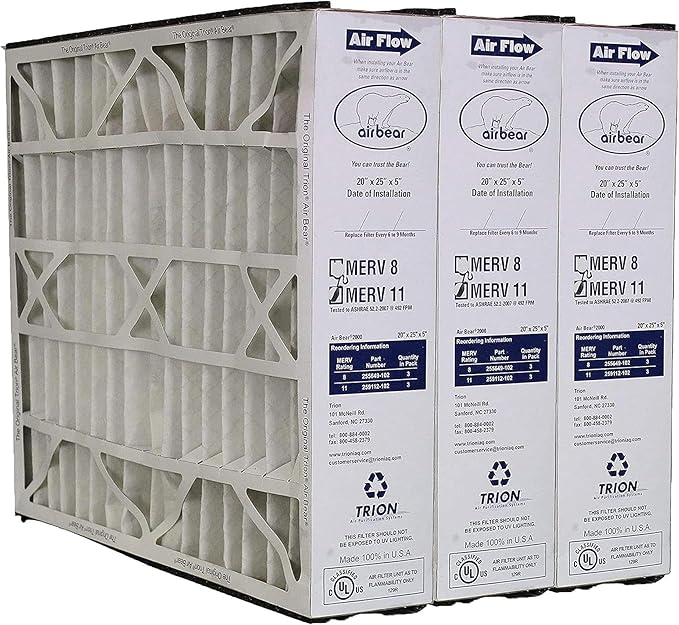 Trion 3 Pack Pleated Air Filter, Air Bear MERV 11 for HVAC/Furnace, 20x25x5 in.