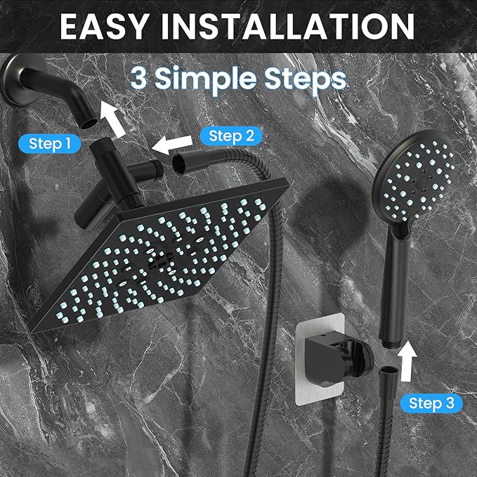 Veken High Pressure 8" Rain Shower Head with Handheld, Square Rainfall Shower Heads with 5-Mode Handheld Spray Combo, Detachable Hand Held Showerhead, Bathroom Decor，Dual Matte Black Regaderas Para