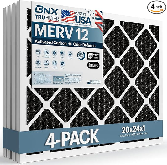 BNX TruFilter 20x24x1 MERV 12 Odor Defense (4-Pack) AC Furnace Air Filter with Activated Carbon - MADE IN USA - Pleated Air Conditioner HVAC AC Furnace Filters - Removes Odor, Mold, Bacteria, Smoke