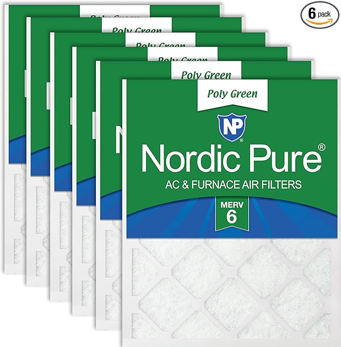 Nordic Pure 10x20x1 (Actual Size: 9 1/2 x 19 1/2 x 3/4) Poly Green MERV 6 AC Furnace Air Filters – Reduces Dust, Pollen, Pet Dander & Allergens – 6-Pack
