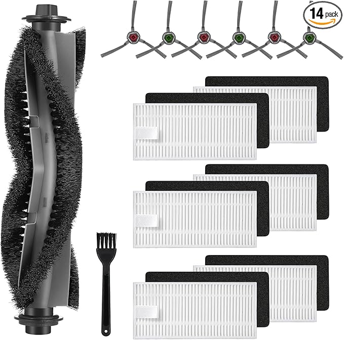 Airrobo P20 Robot Vacuum Cleaner Replacement Parts - 1 Main Brush, 6 HEPA Filters & Sponge, 6 Side Brushes, 1 Cleaning Brush (14 Pack)
