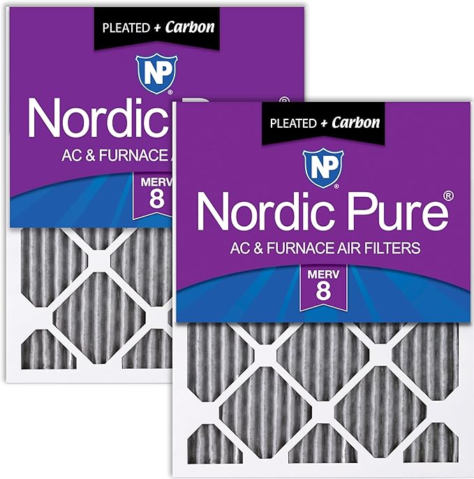 Nordic Pure 24x24x1 (Actual Size: 23 3/8 x 23 3/8 x 3/4) Furnace Air Filters MERV 8 Pleated Plus Carbon 2 Pack