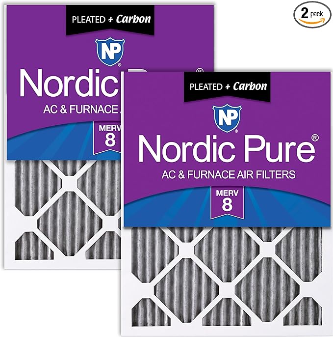 Nordic Pure 20x24x1 (Actual Size: 19 1/2 x 23 7/16 x 3/4) Furnace Air Filters MERV 8 Pleated Plus Carbon 2 Pack