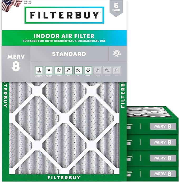Filterbuy 30x32x2 Air Filter MERV 8 Essential Dust & Allergy Defense (5-Pack), Electrostatic Pleated HVAC AC Furnace Filters Replacement, Made in USA (Actual Size: 30.00 x 32.00 x 1.75)