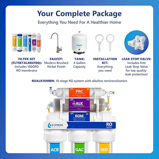 Express Water ROALK10MBN 10-Stage Alkaline Under Sink Reverse Osmosis Water Filter System, NSF Certified 372 & 58, 100 GPD, Reduces 99% of Impurities, BPA Free, Brushed Nickel Faucet