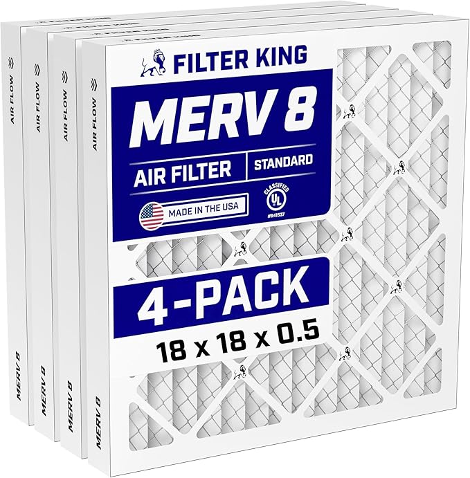 Filter King 18x18x0.5 Air Filter (MERV 8) (4-Pack) Dust & Allergy Control AC Furnace Filters, MADE IN USA, HVAC, Pleated, Electrostatic (Actual Size: 17.5 x 17.5 x 0.5)