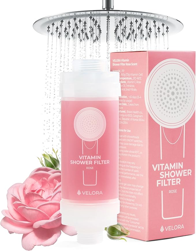 Vitamin C Shower Filter and Water Softener for Hard Water - Aromatherapy Shower Head Attachment - Universal Fit, No Tools - Replenish Dry, Itchy Skin and Nourish Hair - Rose-Scented