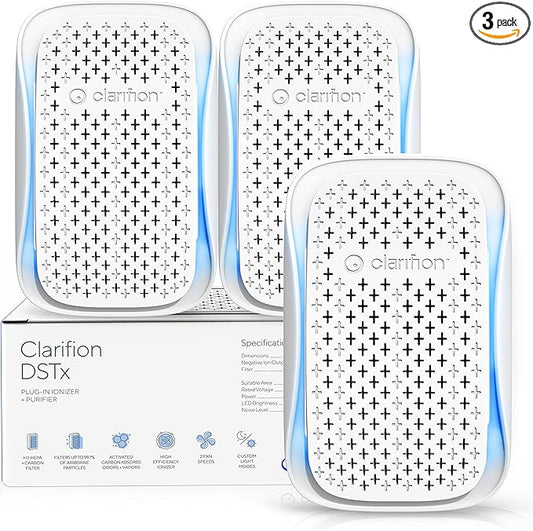 Clarifion - DSTx 2.0 Portable Air Purifier (3 Pack) - Plug In Air Ionizer HEPA Air Filter, Mini Personal Air Purifiers For, Bedroom and Pets Helps With Dust, Smoke, Airborne Dust and Odors