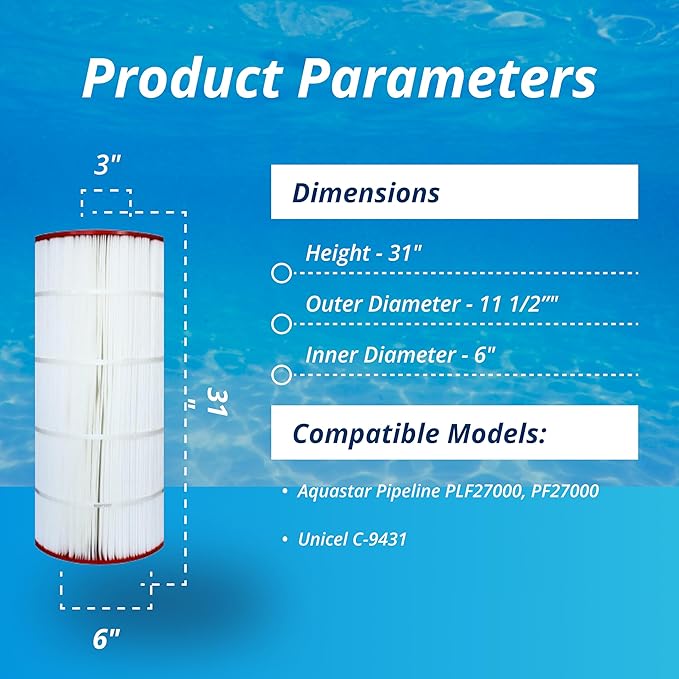 DPM Heavy-Duty Pro AquaStar PLF Replacement Cartridge Pipeline Inline Inground Swimming Pool Filter Pleated Element 1 Pack | Made in USA (200 Sq Ft (24" Height) PLF27000, C-9430 Spa Filter PF27000)