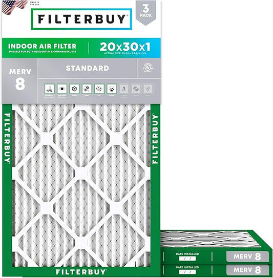 Filterbuy 20x30x1 Air Filter MERV 8 Essential Dust & Allergy Defense (3-Pack), Electrostatic Pleated HVAC AC Furnace Filters Replacement, Made in USA (Actual Size: 19.63 x 29.63 x 0.75)