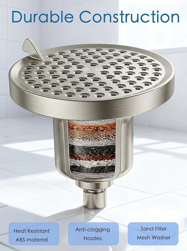 360 Degree Rotated Shower Head Brushed Nickel＆ Filter COMBO ! Anti - Chlorine Hard Water Filtered Shower Heads- 7 Sprays High Pressure Showerheads with 25 Stage Filtration for Adult and Baby