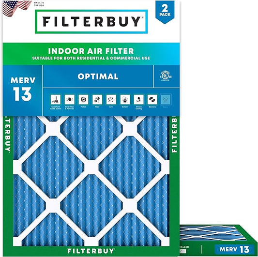 Filterbuy 18x25x1 Air Filter MERV 13 Optimal Smoke & Allergy Defense (2-Pack), Electrostatic Pleated HVAC AC Furnace Filters Replacement, Made in USA (Actual Size: 17.50 x 24.50 x 0.75)