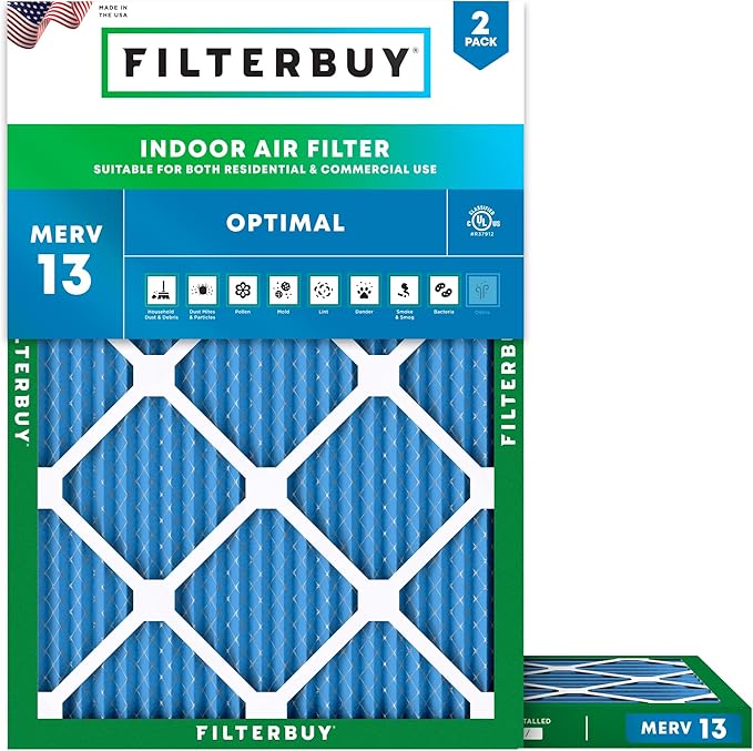 Filterbuy 15x20x1 Air Filter MERV 13 Optimal Smoke & Allergy Defense (2-Pack), Electrostatic Pleated HVAC AC Furnace Filters Replacement, Made in USA (Actual Size: 14.50 x 19.50 x 0.75)